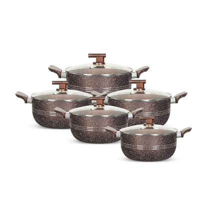 Silverleafs Royal Marble Non-Stick Casserole Set – 10 Pieces (With Glass Lids)
