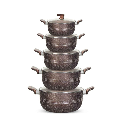 Silverleafs Royal Marble Non-Stick Casserole Set – 10 Pieces (With Glass Lids)